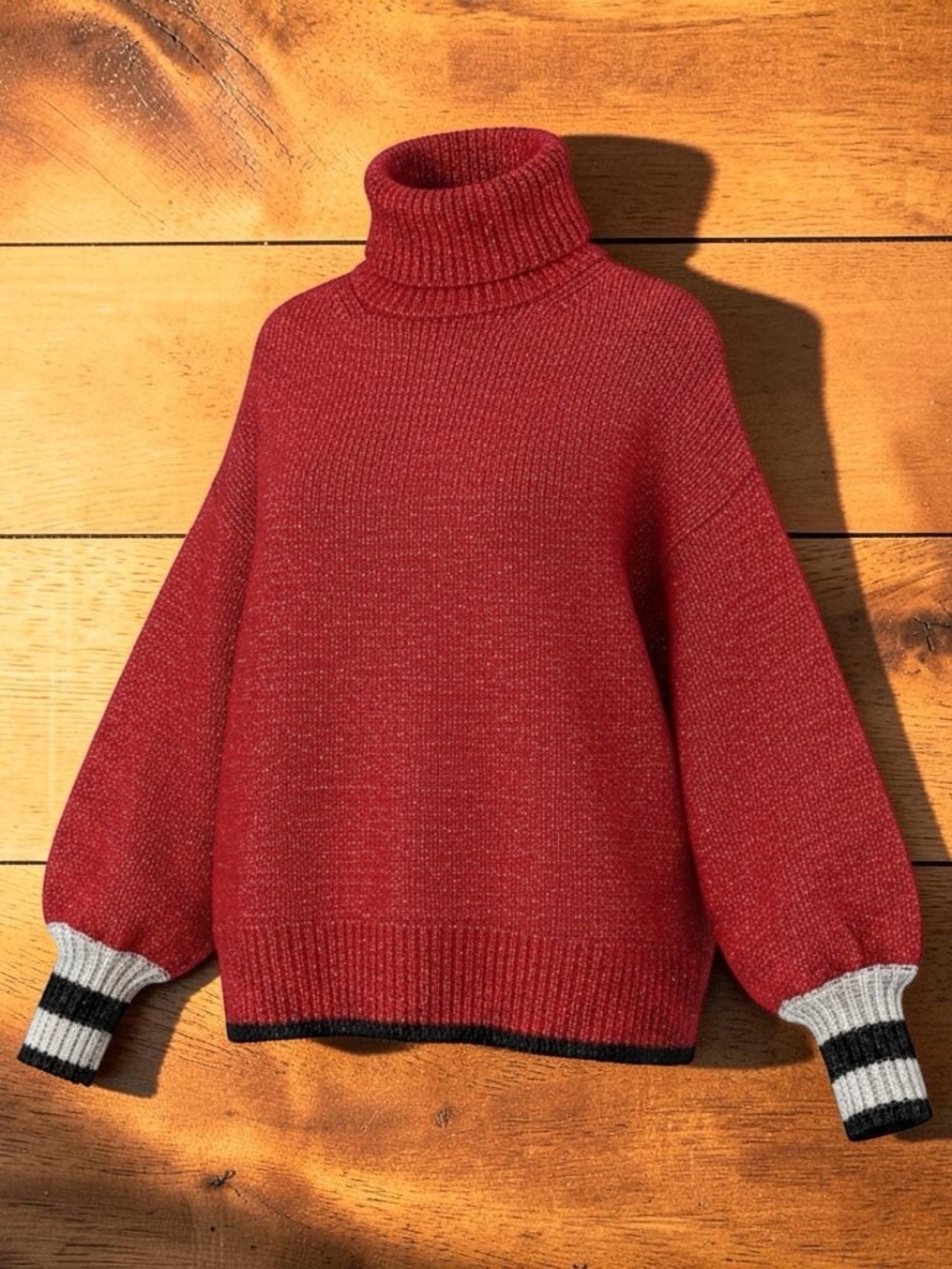 La Ligne Red Turtleneck Sweater with Striped Cuffs